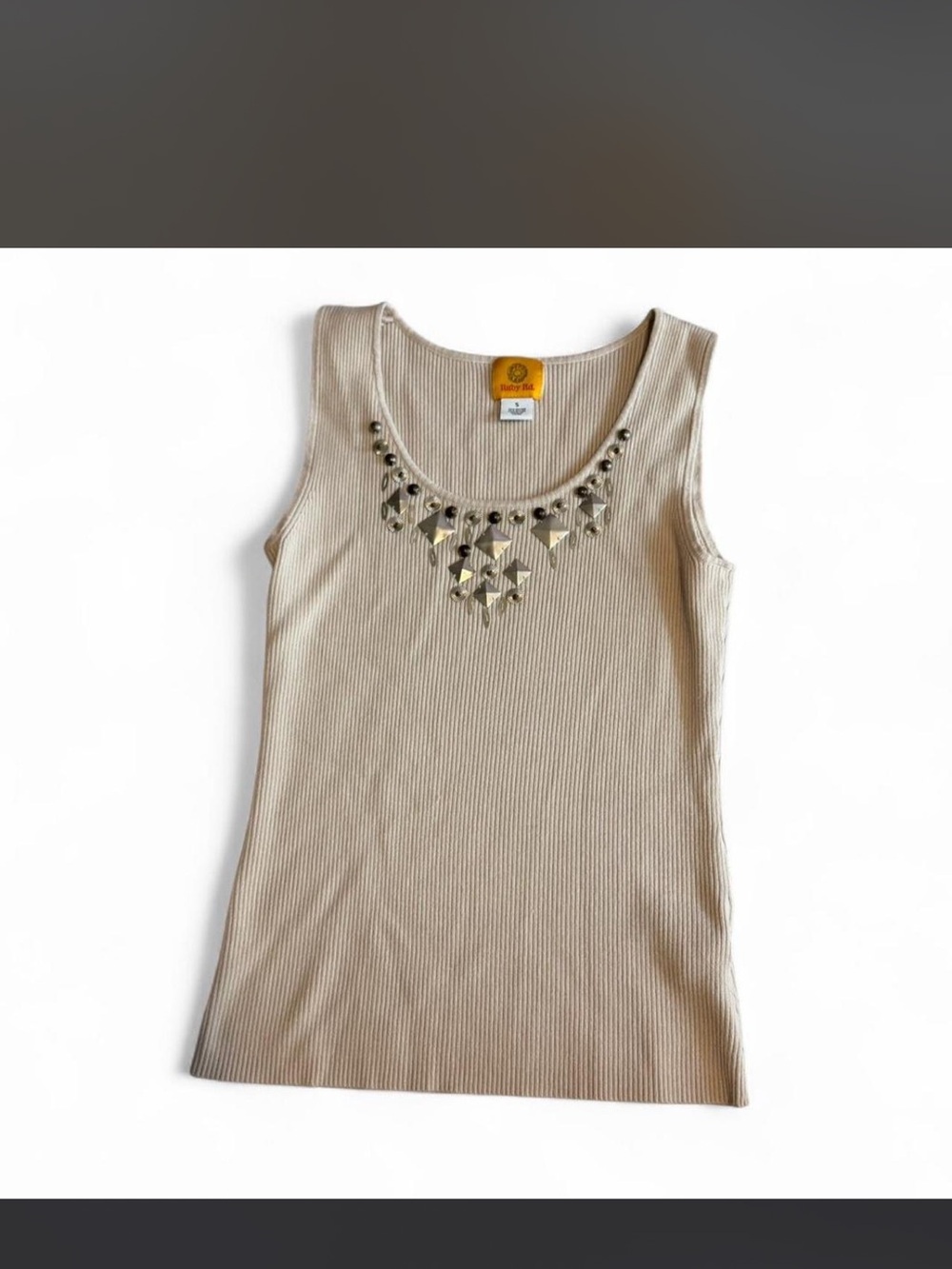 Ruby Rd. Beige Ribbed Tank with Metallic Geometric Embellishments